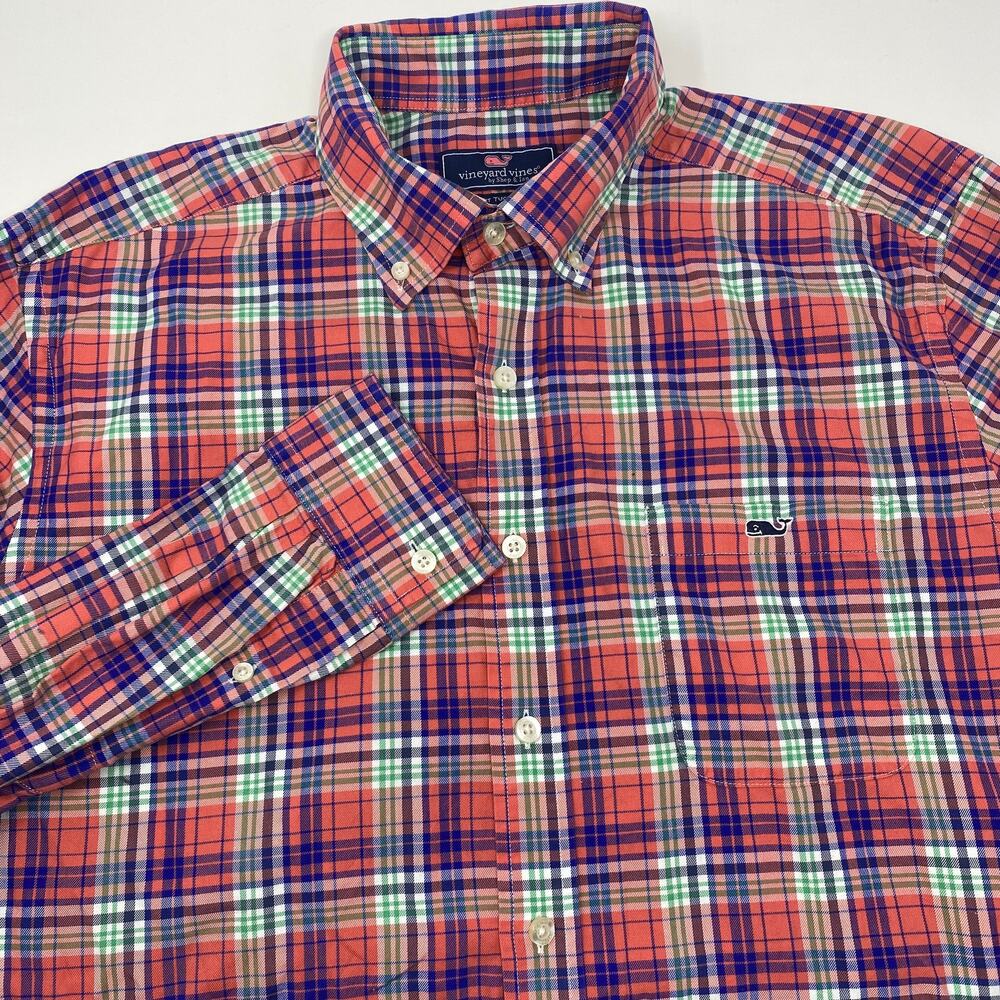 Vineyard Vines Large Pink Blue Plaid Long Sleeve Button Down Slim Tucker Shirt